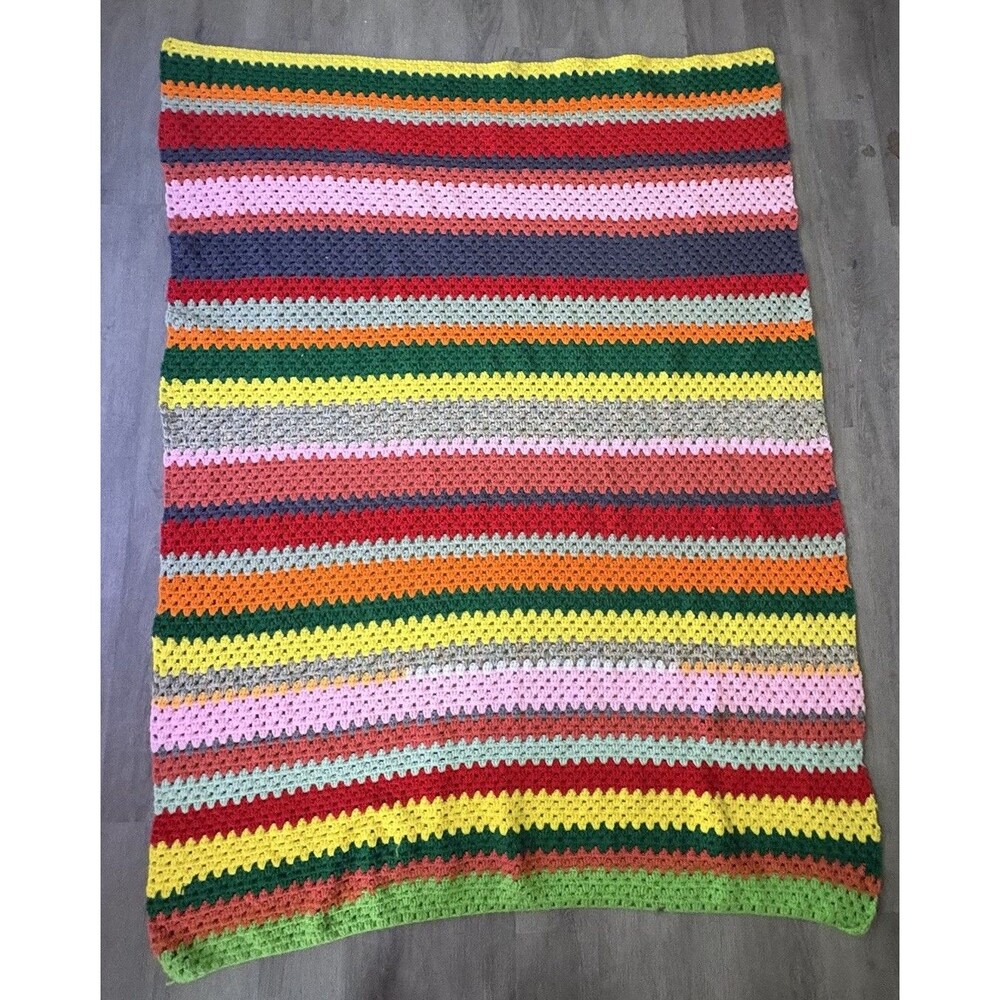 Handmade Crochet Scrap Blanket Granny Stripe Multi Color Rainbow Afghan VTG